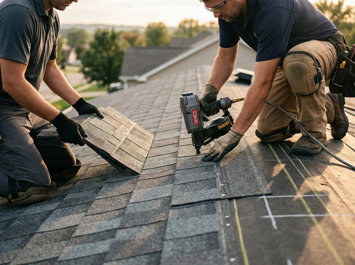 Professional roofer working on a residential roof in Wabash
